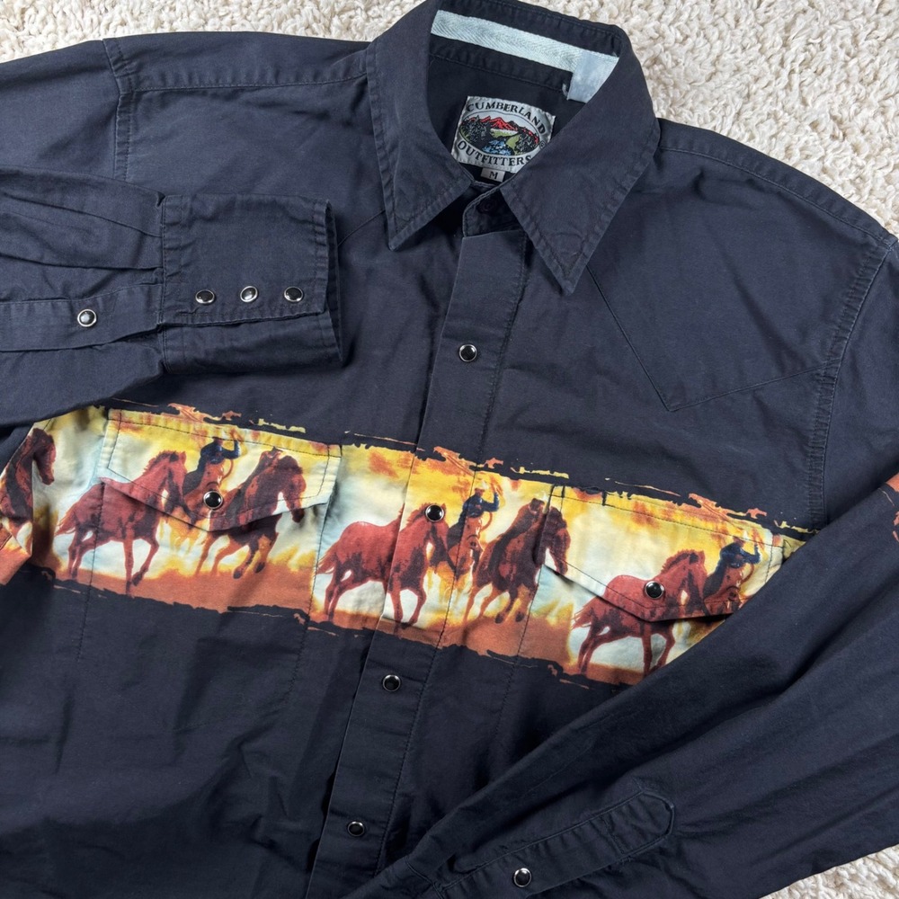 Vintage Cumberland Outfitters Mens Western Pearl Snap Shirt Medium Black Horse
